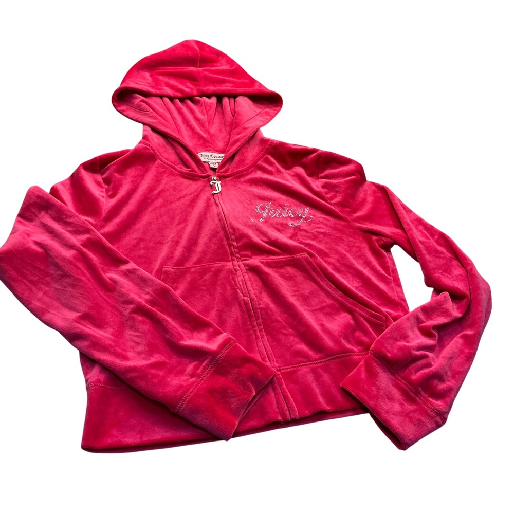 Juicy Couture Y2K Velour Hoodie Rhinestone Logo Pink Large Full Zip Track Jacket
